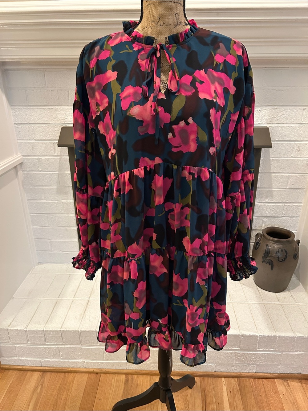 JODIFL Floral Tie-Neck Dress in Pink and Green